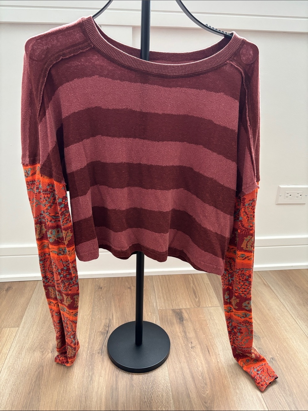 We The Free Maroon & Rust Patchwork Striped Pullover
